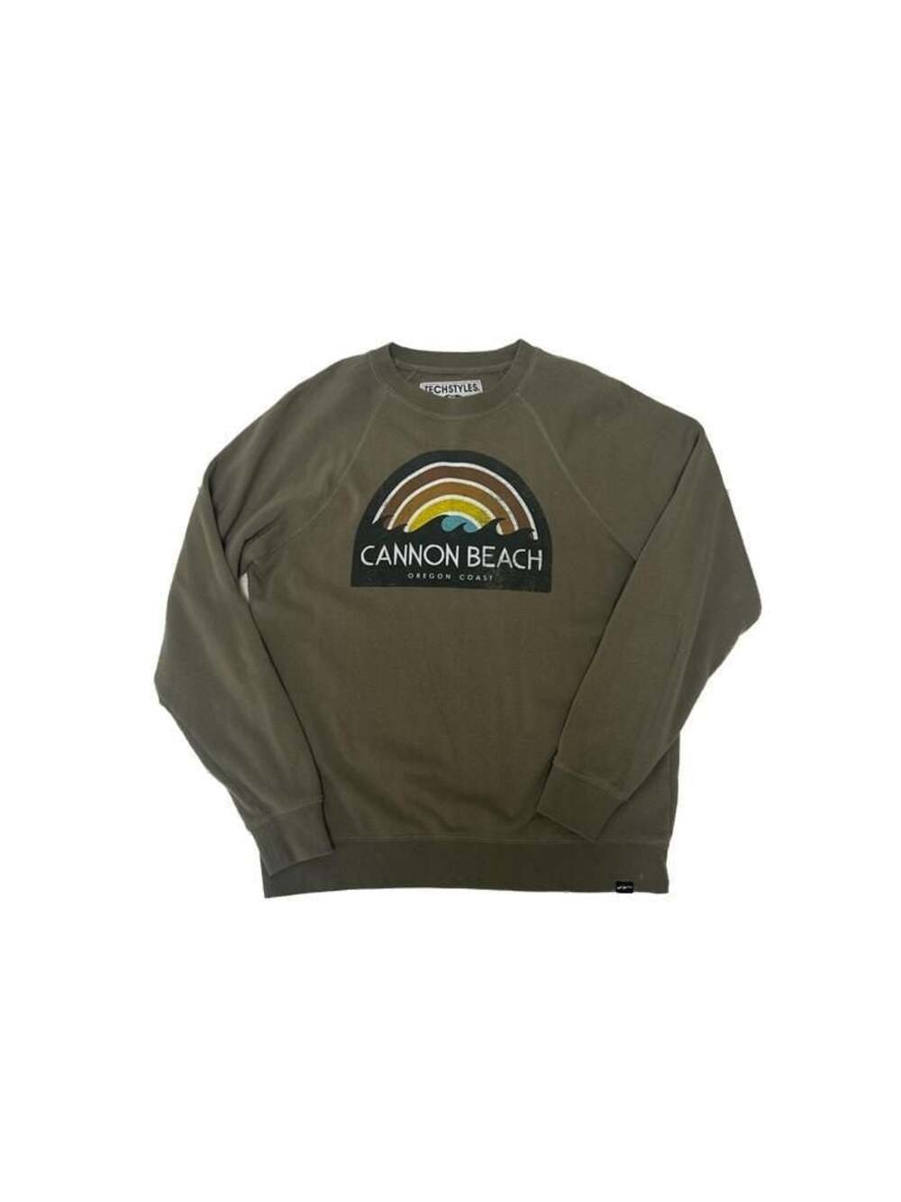 Techstyles Cannon Beach Oregon Coast Graphic Sweatshirt Olive Green S/M - Picture 2 of 6